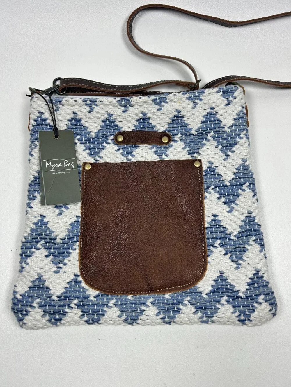 MYRA BAG Blue & White Woven Chevron Bag w/Distinct Brown leather Patch XBody NWT
